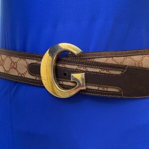 Vintage Gucci Brown & Beige GG Monogram Belt with Gold G Buckle